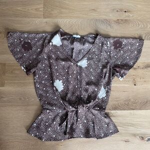 Women Brown Print Tie Blouse - Small